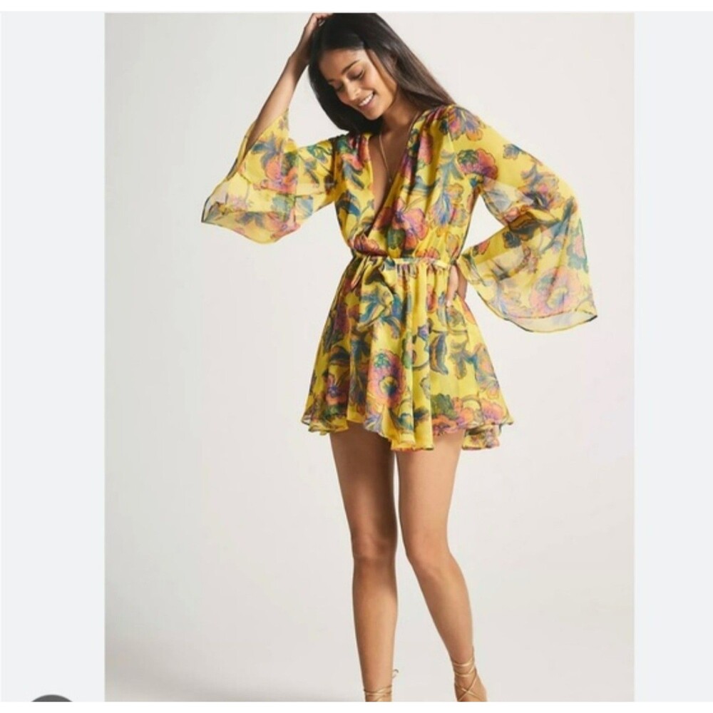 MISA Los Angeles Kaia Floral Chiffon Mini Dress XS Bell Sleeve coquette feminine